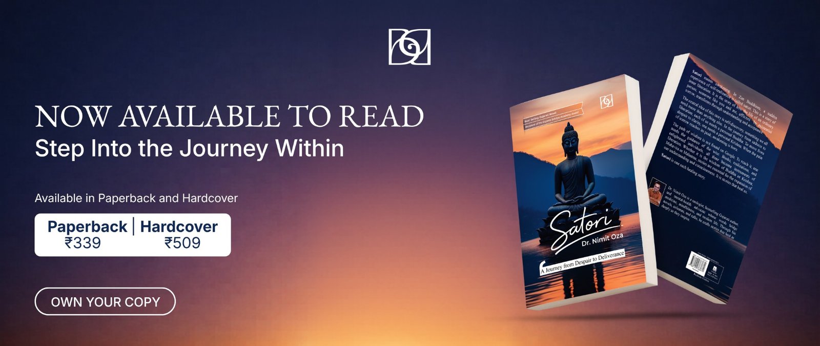 Promotional banner for the book Satori by Dr. Nimit Oza, showing paperback ₹339 and hardcover ₹509 prices.